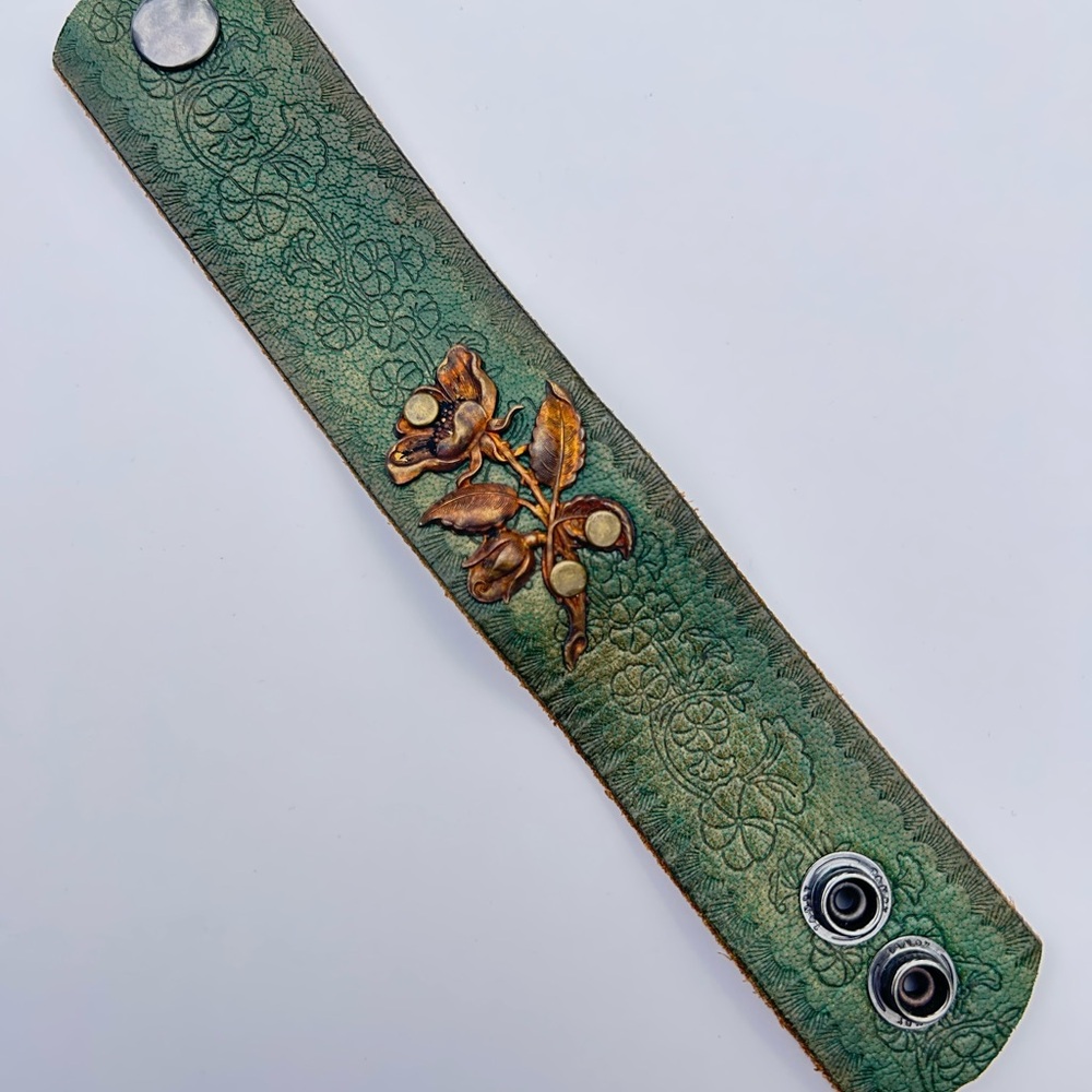 Handcrafted Green Leather Cuff Bracelet – Embossed Floral Design
